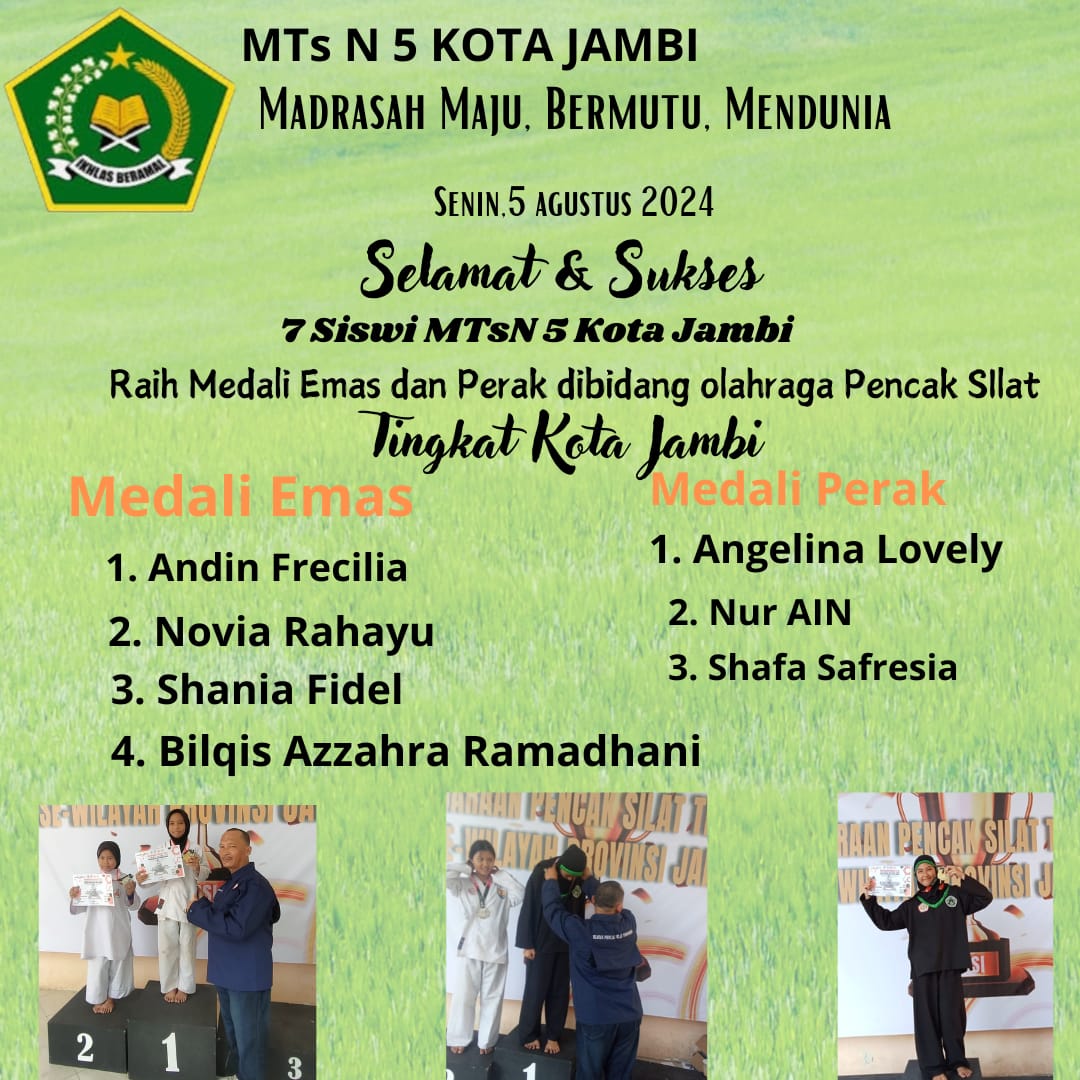 SISWI MTs N 5 KOTA JAMBI SABET  EMPAT MEDALI EMAS DAN TIGA MEDALI PERAK PADA AJANG PENCAK SILAT SE-KOTA JAMBI TAHUN 2024