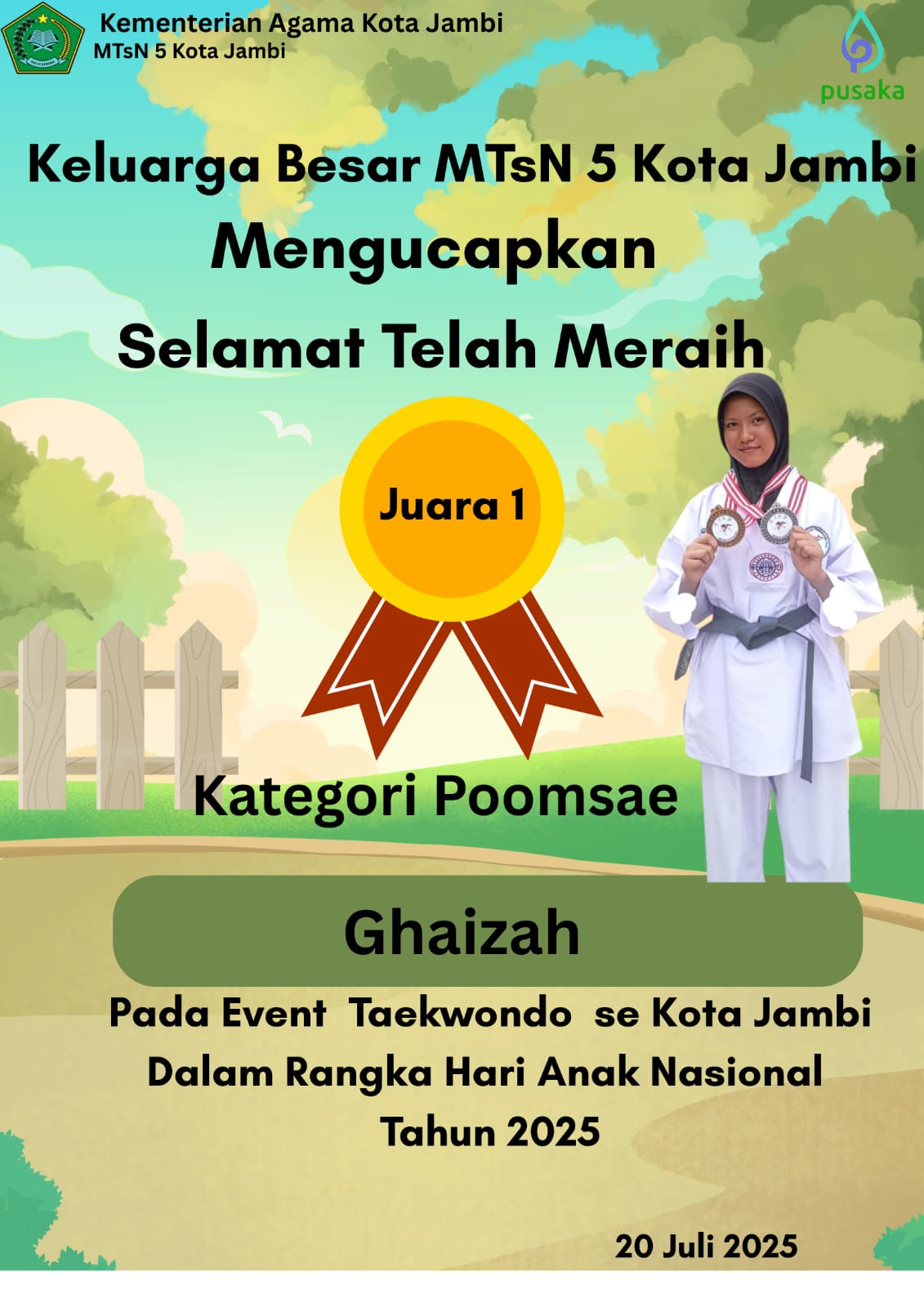 KEMBALI HARUMKAN NAMA MADRASAH : SISWI KELAS 7 MTsN 5 KOTA JAMBI RAIH JUARA 1 TAKEWONDO ANTAR PELAJAR SEKOTA JAMBI