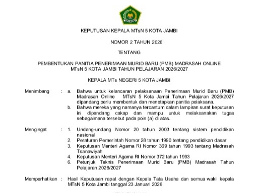 SK Panitia Penerimaan Murid Baru 2026 Ditetapkan