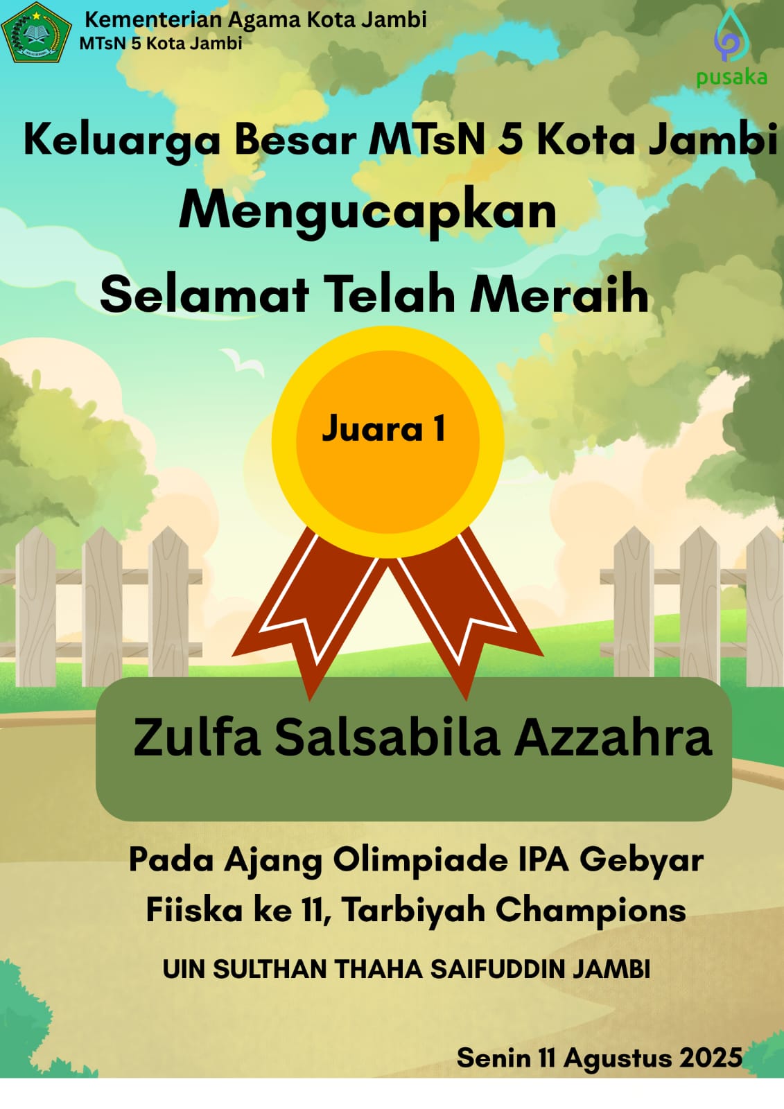 TARBIYAH CHAMPIONS:MTsN 5 KOTA JAMBI BERHASIL RAIH JUARA 1 PADA AJANG OLIMPIADE IPA GEBYAR FISIKA KE 11 TINGKAT PROV JAMBI