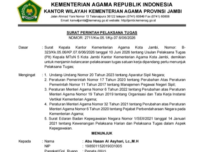 Resmi ,Bapak H.Abu Hasan Al Asyhari LC M.H ditunjuk sebagai PLT MTsN 5 Kota Jambi Resmi ,Bapak H.Abu Hasan Al Asyhari LC M.H ditunjuk sebagai PLT MTsN 5 Kota Jambi